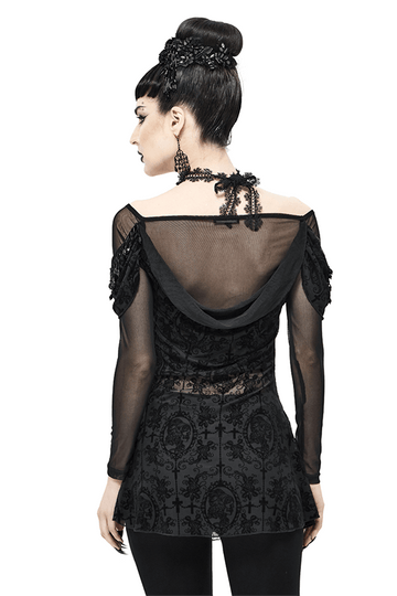 Gothic Floral Sheer Black Top / Lace Long Sleeve Fashion
